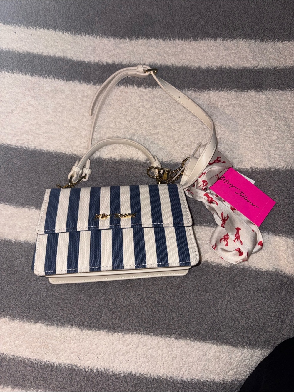Betsey Johnson Navy and White Striped Top-Handle Crossbody Satchel